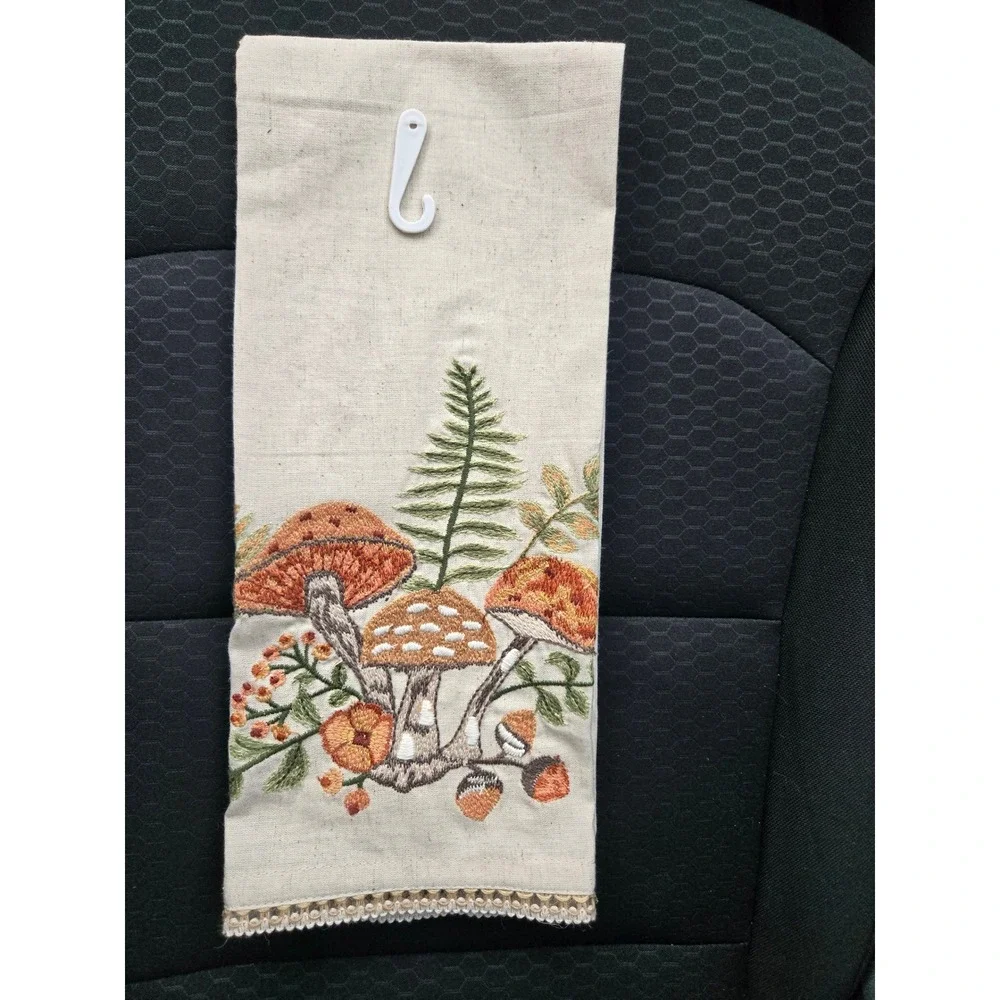 World Market Mushroom Embroidered Tea Towel Cotton Linen Lace Trim Woodland